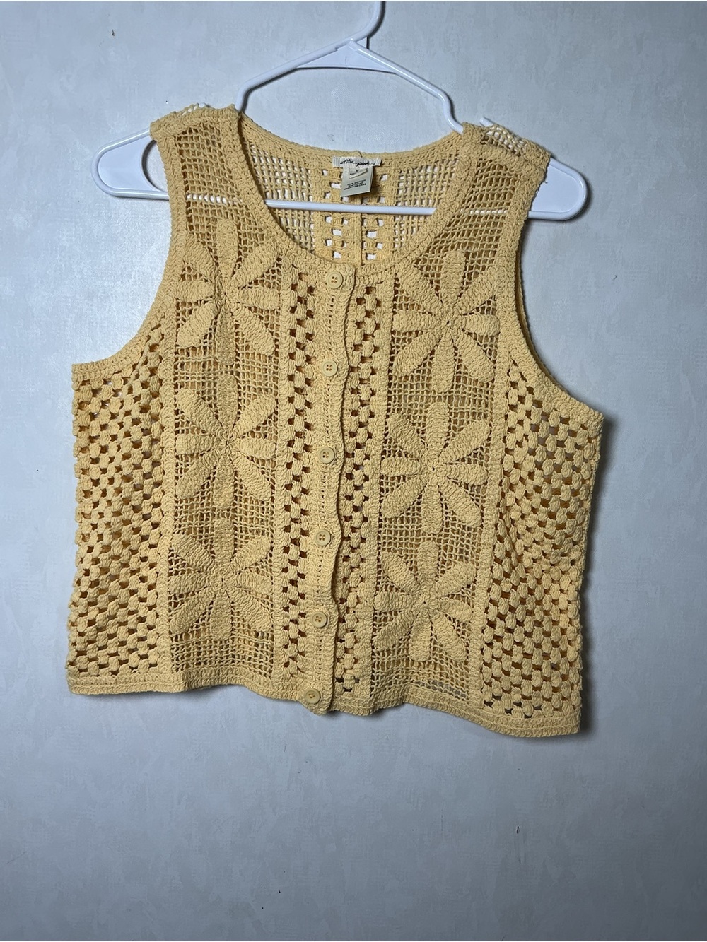 Yellow Crochet Floral Button-Front Vest Size Medium